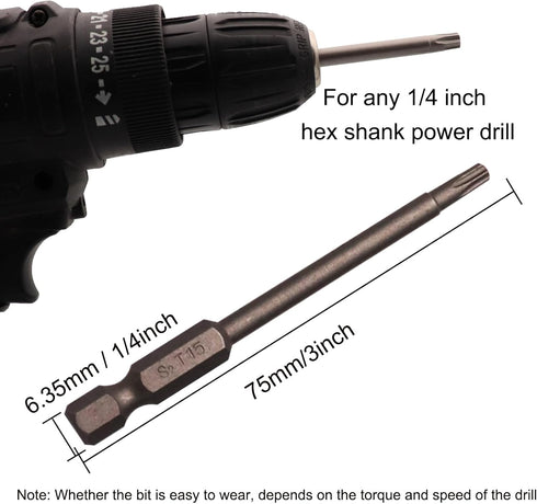 10Pcs Magnetic Torx Head Screw Driver Bits 75mm/3inch Long 1/4inch Hex Shank Security Tamper Proof Magnetic Torx Bit (T15)...