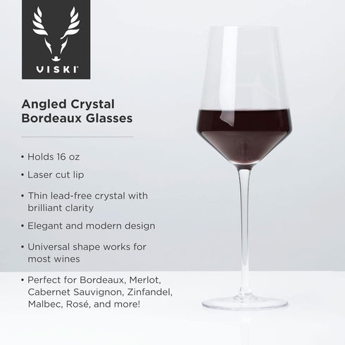 Viski Raye Angled Crystal Bordeaux Wine Glasses Set of 2 - Premium Crystal Clear Glass, Modern Stemmed, Flat Bottom Red Wine Gift Set - 16oz...