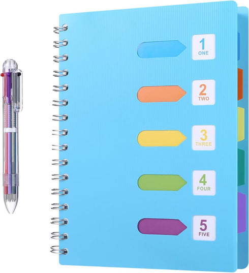Kesoto A5 Lined Notebook with Multicolored Pen Wire Spiral Subject Notebook Journal with 5 Divider Tabs & 6 Color Retractable Ballpoint Pen, 240 P...