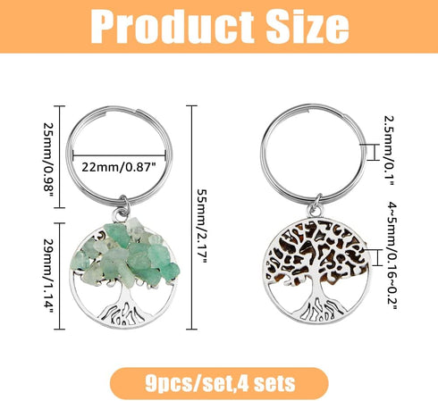 SUPERFINDINGS 36Pcs 9 Styles Tree of Life Keychain Natural Crystal Stones Handmade DIY Keychain Charm Pendant Gemstones Key Chain Charm for Handma...