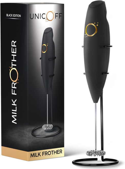 Milk Frother Matte Black - Coffee Frother Handheld with Electric Whisk - 19000 rpm - Book Recipes and Stainless Steel Stand Included - Hand Mixer ...