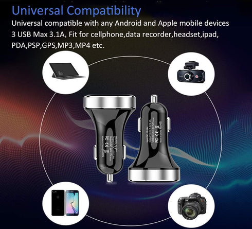 LIHAN 3 USB Car Charger,12V/24V Voltage Meter, QC3.0 Output 4.8A, Cigarette Lighter Plug Adapter Compatible with iPhone,iPad, Samsung, USB Chargin...