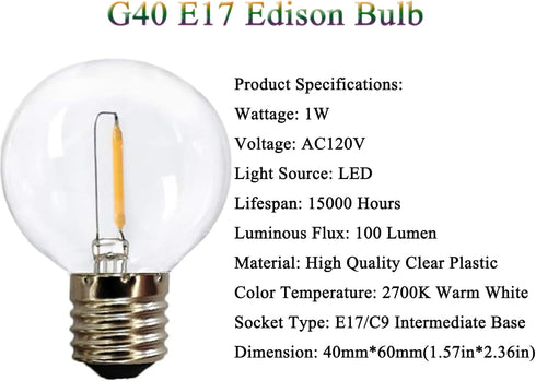G40 Globe Replacement Bulbs C9/E17 Intermediate Base 1W G40 Shatterproof Waterproof Clear Plastic LED Filament Bulb Warm White 2700K Outdoor Strin...