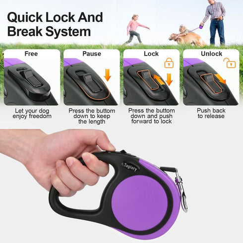 Taglory Retractable Dog Leash, 16ft No Tangle Dog Leash Retractable for Medium and Large Dogs Up to 100 lbs, One-Handed Brake, Pause, Lock, Purple...