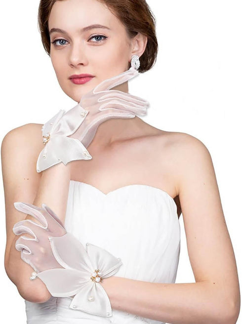 Campsis Wedding Gloves for Bride White Lace Glove Bow Short Bridal Gloves Pearl Opera Costume Dress Accessories for Women and Girls...