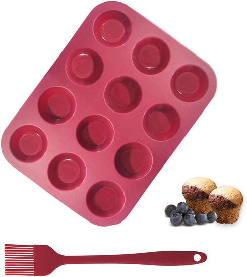 Silicone Mini Muffin Pan, 12-Cup Mini Cupcake Pan with Silicone Pastry Brush for Making Mini Egg Muffin, Keto Diet, BPA Free, Dark Red...