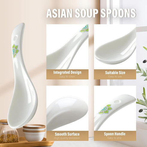 Soup Spoons,5.5" Asian Soup Spoons Set of 6, Ceramic Chinese Soup Spoons White Ceramic Dessert Spoons Rice Spoon for Ramen Pho Wonton Dumpling Mis...