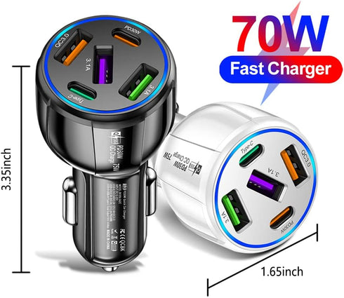 5 in 1 Car Charger Adapter,75W High Power Cigarette Lighter Adapter,QC3.0/PD Super Fast Charging Car Phone Charger Compatible with iPhone 14 13,iP...