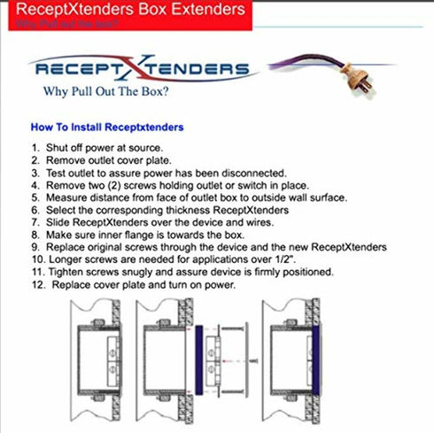1/2" ReceptXtenders 1-Pack, Single Gang Receptacle Outlet Box Extender. UL Listed, Mud Ring...