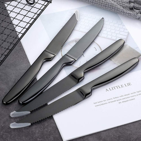 Steak Knife Set, 4-Piece Serrated Black Steak Cutlery Steak Knife, Stainless Steel Steak Cutlery Knife for Home, Restaurant, Hotel, 22cm...