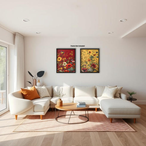 Posterizer 2 pcs-Red and Yellow Themed Wild Flowers and Birds-Floral Botanical-Abstract Modern Art - Gift for Nature, Surfers and Beach Lovers-Dec...