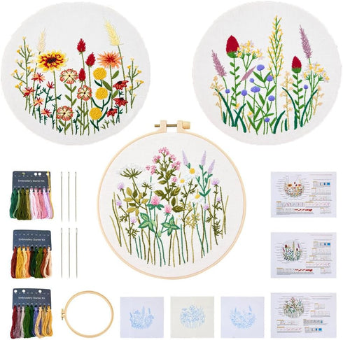 Elecrelive 3 Sets Embroidery Starter Kits for Adults Beginners with Flower Stamped Pattern & 1 Embroidery Hoop & & Fabric & Threads & Needles Hand...