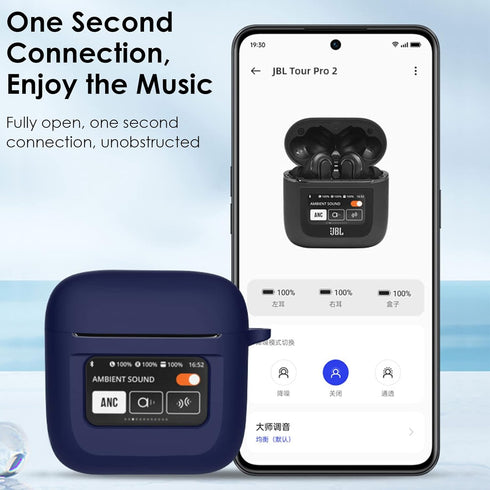Case Cover for JBL Tour Pro 2, Dark Blue Silicone Protective Shockproof Earbuds Case with Keychain, 2023 Compatible, LCD Touch Screen Visible, Wat...