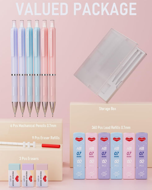 6PCS 0.7mm Mechanical Pencils Set Pastel Mechanical Pencils with 360PCS HB Lead Refills, 3 Erasers, 9 Erasers Refill Aesthetic School Supplies for...