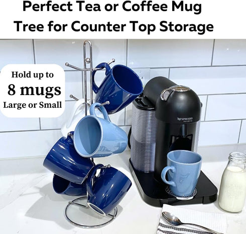 Evelots Countertop Coffee Mug Holder - Tea Cup Organizer Rack - Tree Hooks Hold 8 Large Mugs - Chrome - Coffee Bar Display Storage...