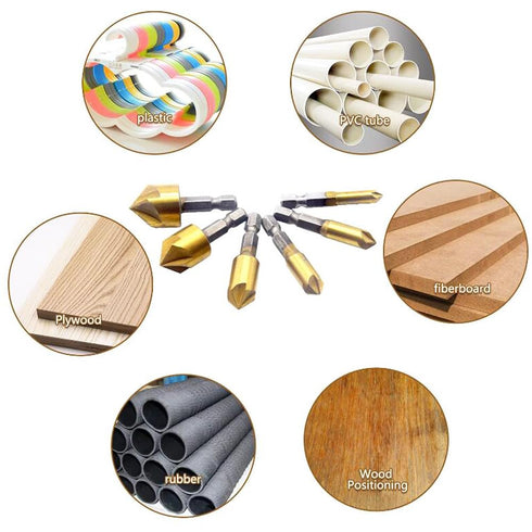 6Pcs HSS Hex Countersink Drill Bit Set 5 Flute 82 Degree Carbon Steel Chamfer Cutter Center Punch Tool Sets for Wood Quick Change Bit,deburring, b...