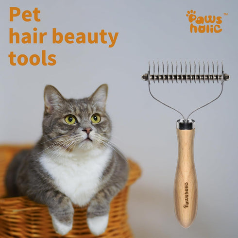 Undercoat Rake for Dogs - PAWSHOLIC Professional Pet Shedding Dematting Comb with Wood Handle, Deshedding Undercoat Brushes with Stainless Steel B...
