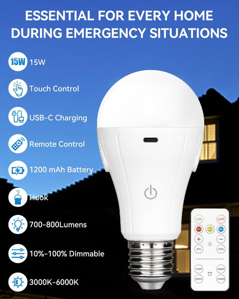 WirelessGlow Rechargeable Light Bulbs with Remote, 3 Color Temperatures and Dimmable Battery Operated Light Bulbs, Touch Control + USB Rechargeabl...
