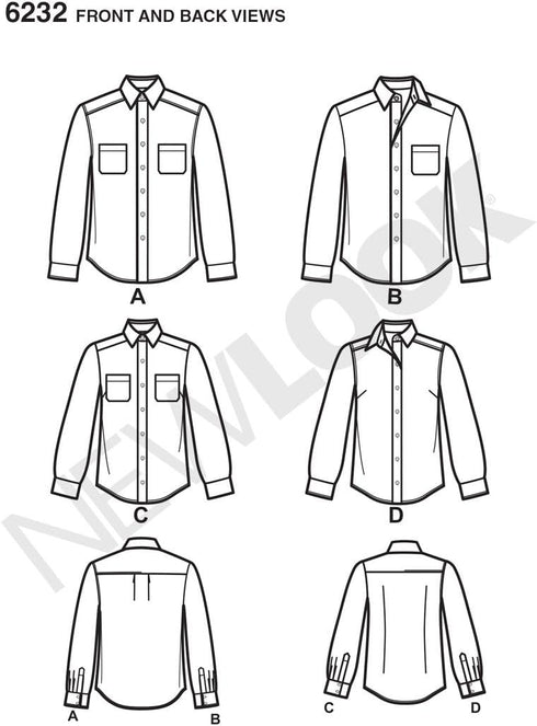 Simplicity Creative Patterns New Look 6232 Misses' and Men's Button Down Shirt, A (8-18/X-Small-X-Large)...
