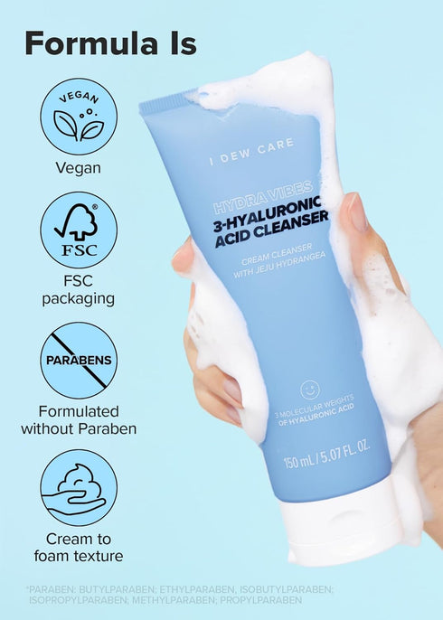 I DEW CARE Hydra Vibes 3-Hyaluronic Acid Cleanser | Hyaluronic Acid Foam Cleanser, Moisturizing, Korean Skin Care, Glass Skin, Vegan, Cruelty-Free...