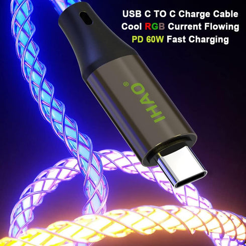 IHAO RGB USB A to Type C Fast Charging Cable Phone Charger High Data Speed Light Up Colourful RGB Current Flowing for All USB C Device-39 Inches...
