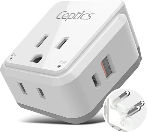 Ceptics Thailand Travel Adapter Set, 20W PD & QC, Type O - 3.1A - 4 in 1-2 USA Inputs, 1 USB Port, 1 USB-C Port - Compact, Powerful - includes Typ...