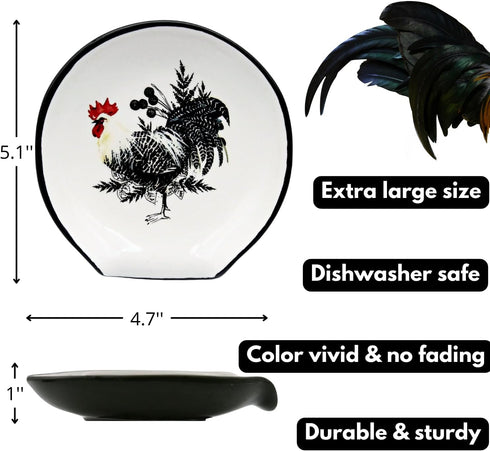 Rooster Spoon Rest - Farmhouse Rooster Kitchen Decor, 5'' Ceramic Large Spoon Rest for Stove Top, Cooking Utensil Holder Spoon Holder Red Black Ru...