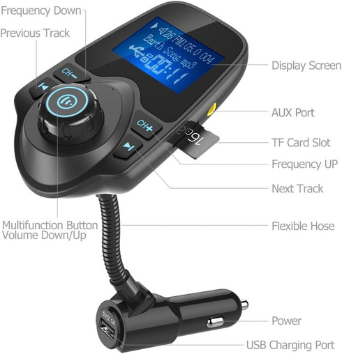 Nulaxy Bluetooth Car FM Transmitter Audio Adapter Receiver Wireless Handsfree Voltmeter Car Kit TF Card AUX 1.44 Display - KM18 Black Matte...