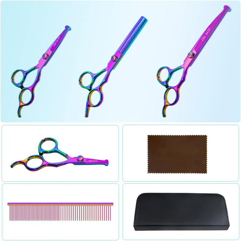 Safety Round-tip Scissors Set Professional PET Dog Grooming Coated Titanium Scissors Suit Cutting&Curved&Thinning Shears (Rainbow)...