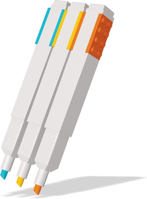 IQ LEGO Stationery 3 Pack Highlighter Markers with 4x2 Building Bricks - Yellow, Orange, Blue...