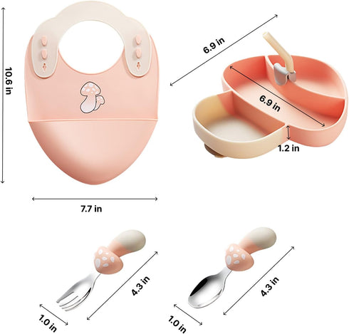 Silicone Suction Plate for Baby, Bibs, Spoon, Fork, Baby Eating Essentials, Toddler plate and Utensils Set(Silicone Baby Feeding Set - Mushroom - ...