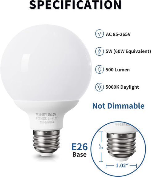 8 Pack Daylight LED Globe Light Bulbs for Bathroom, 120V 60 Watt Eqv., E26 Medium Base, Non-Dimmable Vanity Light Bulbs Round, 5000K Bright G25 LE...