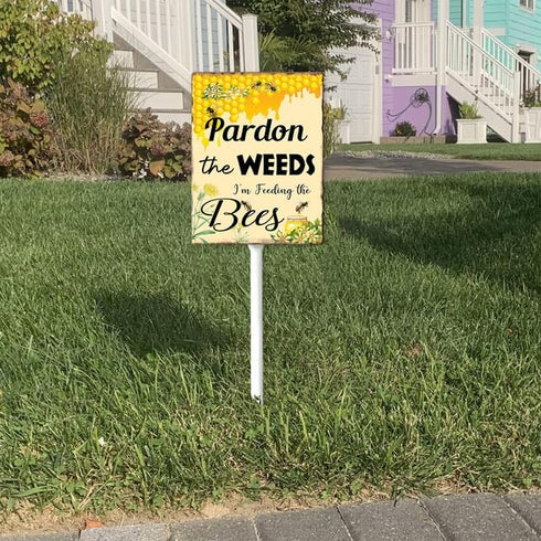 Bee Sign Pardon The Weeds I'm Feeding The Bees Signs Bee Yard Sign with Stakes 8in×12in, Pollinator Garden Sign Bee Decorations,Sturdy Aluminum La...