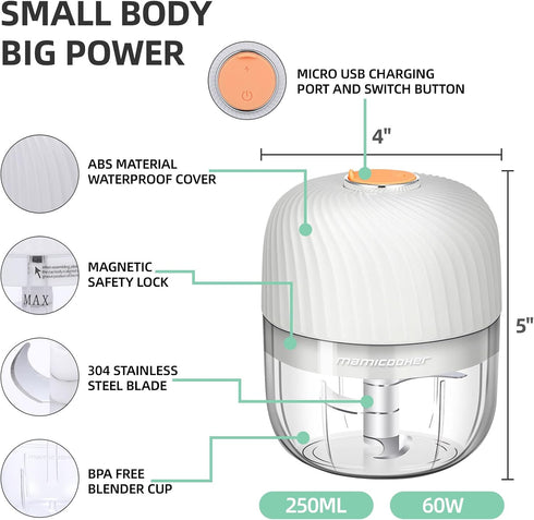 Electric Garlic Chopper, Mini Portable Veggie Chopper, 250ML Garlic Grinder Masher Onion Chopper, Blender to Vegetable, Wireless Food Processor fo...