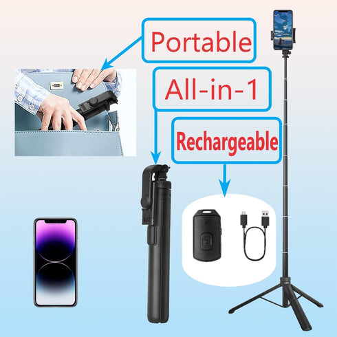 66" Selfie Stick Tripod for Cell Phone & Camera, All in 1 Expandable Phone Tripod with Remote Control and Rotate Phone Holder, Portable Tripod for...