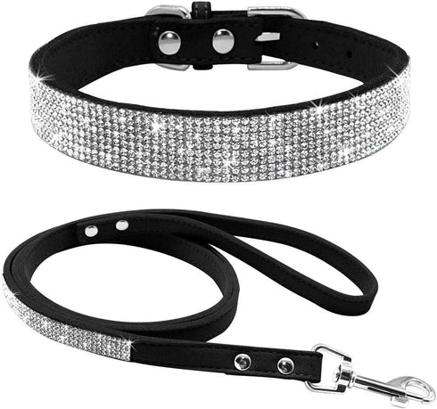 Cute Dazzling Sparkling Elegant Fancy Soft Suede Leather Bling Rhinestone Crystal Jeweled Pet Cat Dog Puppy Collar Dog Leash Combo Set (XXS(Neck 6...