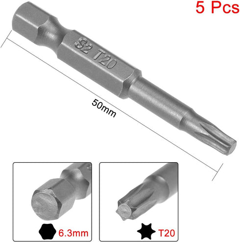 uxcell 5 Pcs T20 Magnetic Torx Screwdriver Bits, 1/4 Inch Hex Shank 2-inch Length S2 Power Tool...