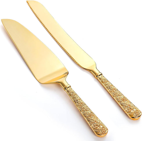 Dicunoy 2 PCS Gold Cake Knife and Server Set, Wedding Cake Cutting Utensils, Vintage Engraved Cake Cutter and Serving Spatula for Birthday, Party,...