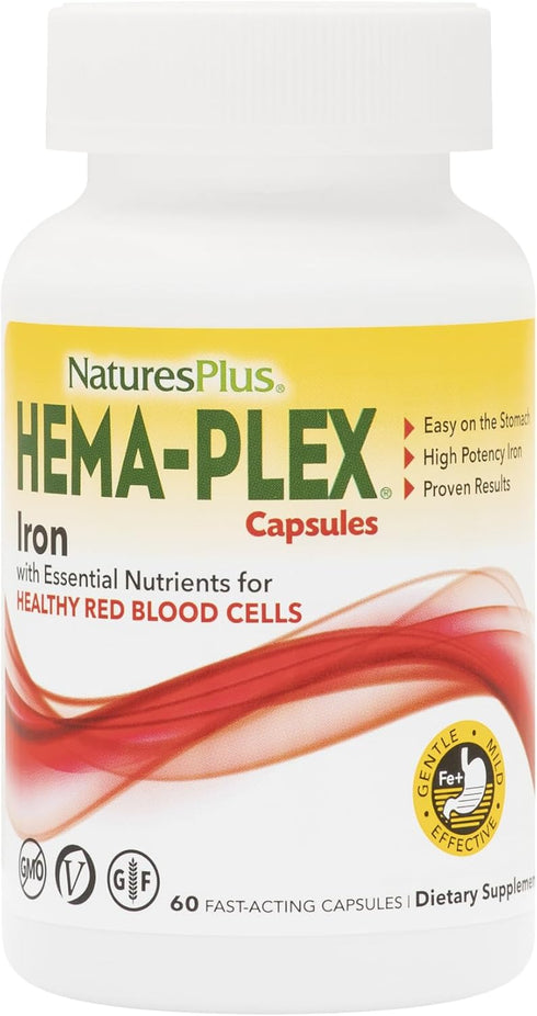 NaturesPlus Hema-Plex Iron - 60 Fast-Acting Capsules - 85 mg Chelated Iron + Vitamin C & Bioflavonoids for Healthy Red Blood Cells - Vegan, Gluten...