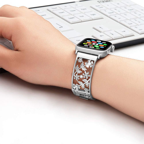 Floral Band Compatible with Apple Watch Jewelry Band 38mm 40mm 41mm 42mm iWatch Bands Series 10 9 8 7 SE,Bling Crystal Bracelet Hollow Metal Strap...