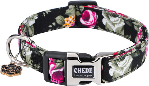 Cotton Dog Collar for Small Medium Large Dogs,Girl Dog Collar with Quick-Release Buckle,Flowers Soft Adjustable Pet Collar (Large, Black Flower)...