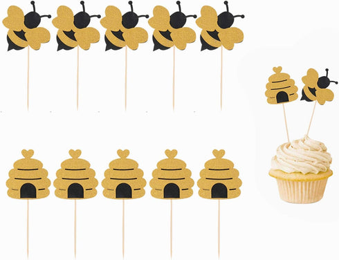 50 Pack Bee Cupcake Toppers Glitter Bumble Bee Cupcake Toppers for Bumble Bee Birthday Party Decor...