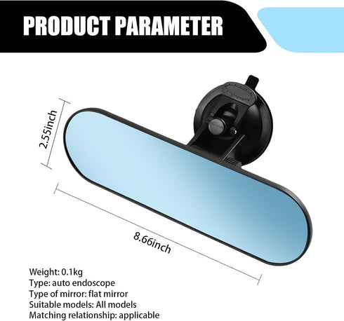 1 PC Car Interior Rearview Mirror, 8.66" x 2.55" Strong Adhesive Suction Cup HD Windshield Rear Flat Glass Mirror, Decorative Modification Accesso...