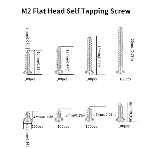 M2 Flat Head Self Tapping Screws, 800 Pcs Cross Drive Head Self Tapping Woodworking Fastener Screws, Self Drilling Screws Assortment Kit, 4/5/6/8/...