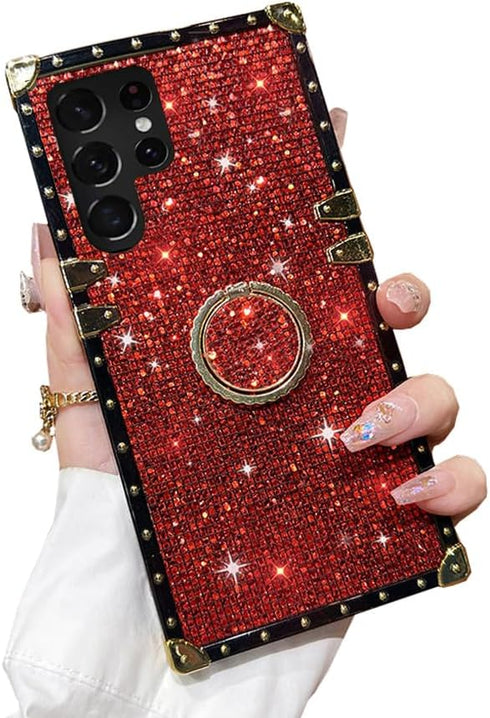 A13 for Samsung Galaxy A13 5G Bling Case,Luxury Bling Glitter Sparkle Cute Gold Square Corner Soft Trunk Cover with Finger Ring Grip Kickstand Pho...