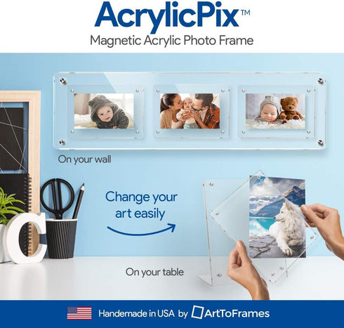 5x7 Acrylic Floating Picture Frame - Table Stand with Chrome Magnetic Front Cover to Easily Change Photos - Made in The USA...