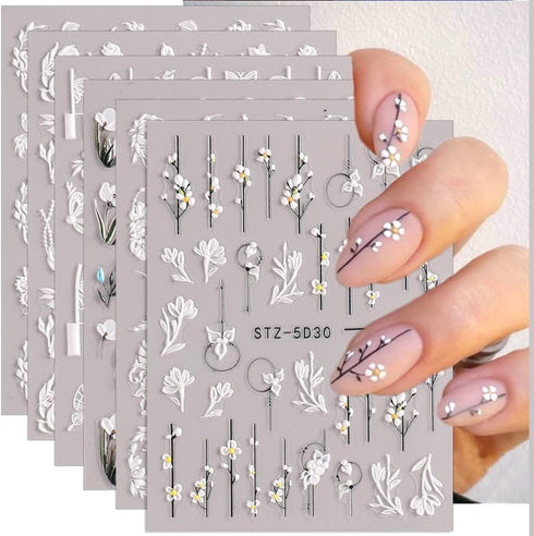 Flower Nail Art Stickers 6 Sheets Engraved Flower Nail Stickers 3D Self-Adhesive Nails Art Supplies Flower Butterfly Design French Manicure Decals...