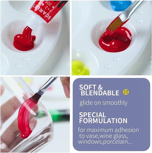 Colorful Acrylic Glass Paint Set with 6 Brushes, 1 Palette, 12 Colors Stain Glass Paints for Wine Glass, Waterproof Acrylic Enamel Paint Kit to Cr...
