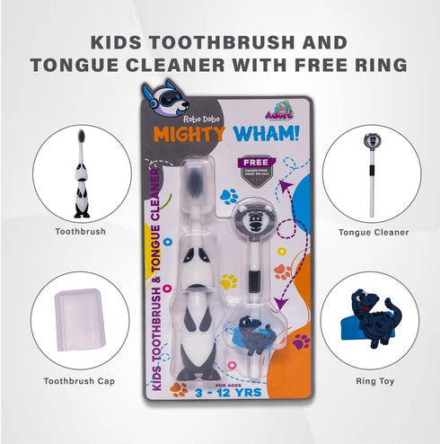 Adore Mighty Wham Combo - Battery Powered Kids Toothbrush with Tongue Cleaner and Free Ring...