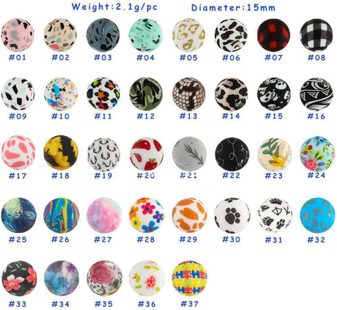50Pcs Silicone Printed Beads 15mm, Leopard Cow Animal Print Beads, Flower Leaves Plaid Beads, Loose Round Silicone Spacer Beads, for Adults DIY Cr...